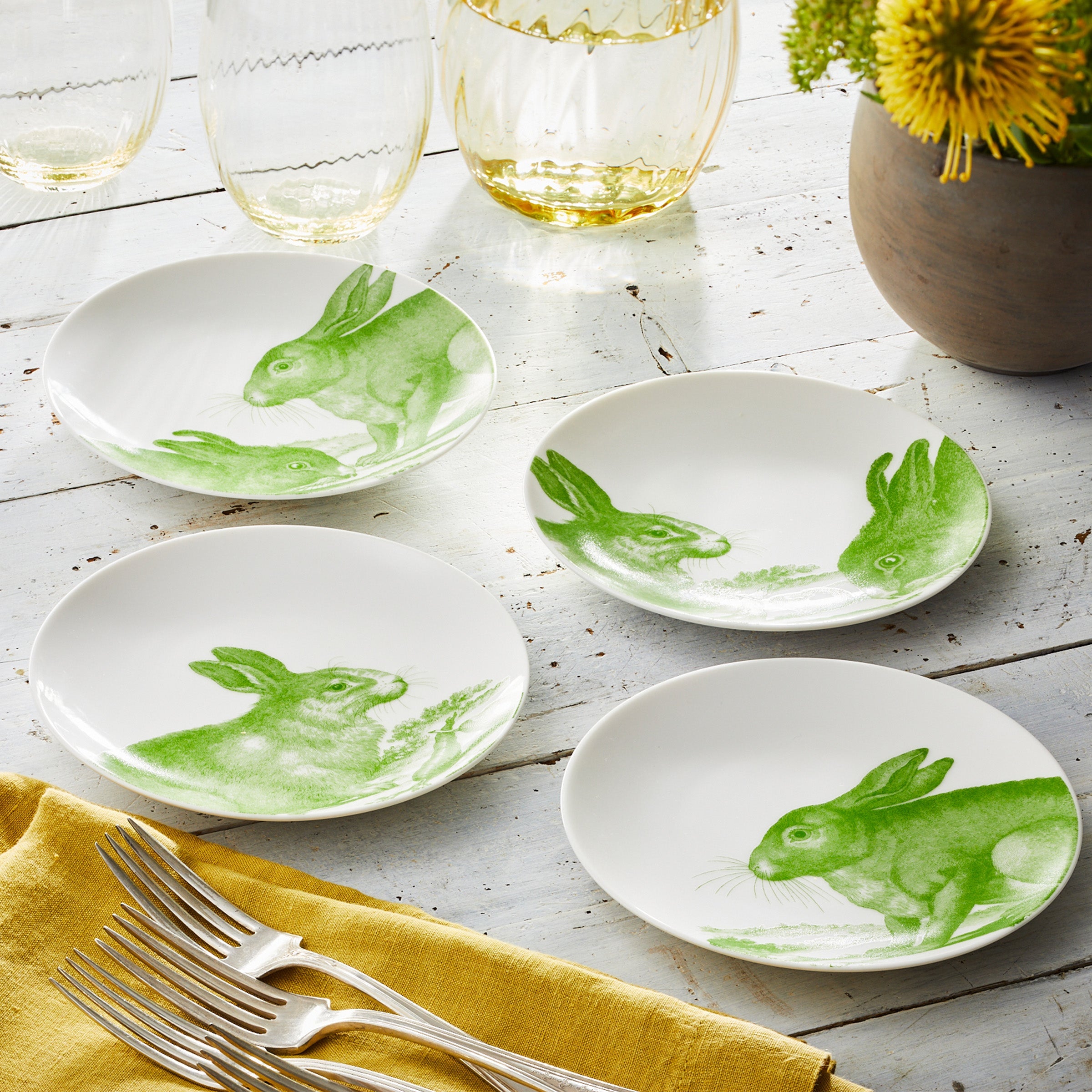 Green Bunnies set of four premium porcelain canapé plates from Caskata.