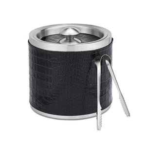 Leather Ice Bucket with Tongs in Crocodile Embossed Leather