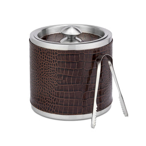 Leather Ice Bucket with Tongs in Crocodile Embossed Leather