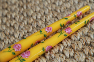 Yellow and Pink Peony Hand-Painted Taper Candles, Set of Two