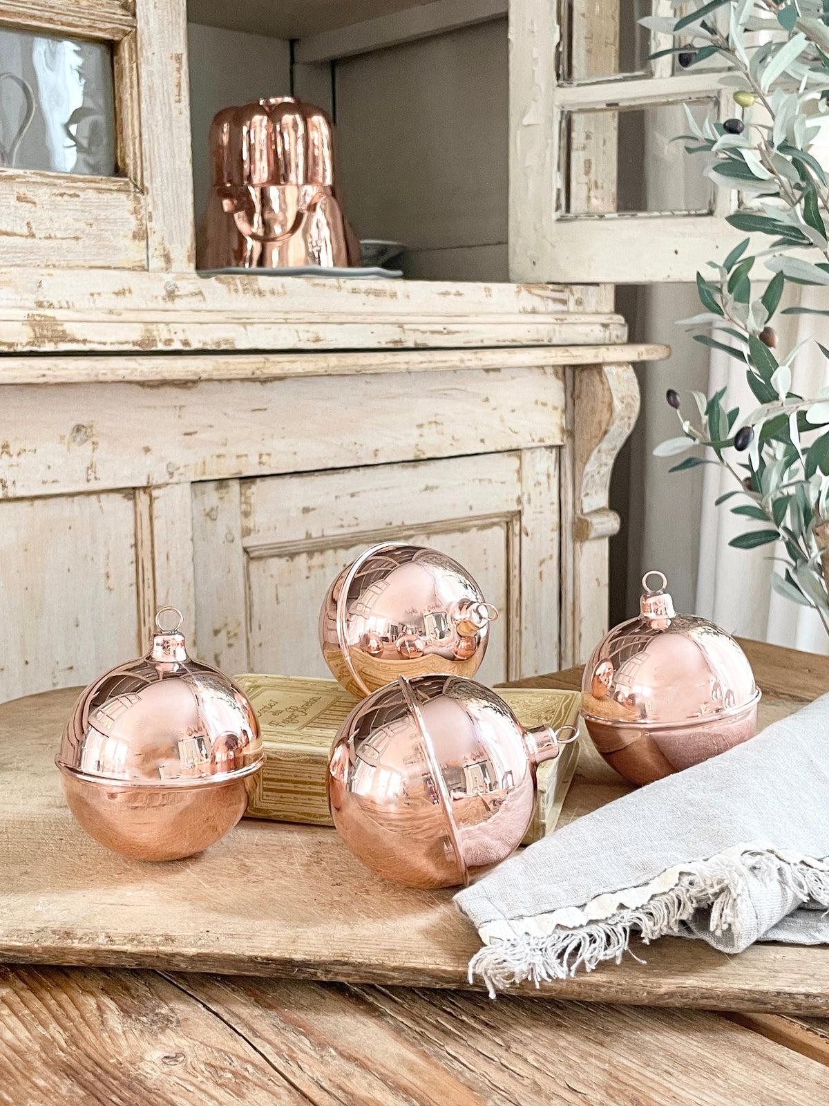 Vintage Inspired Copper Ball Ornaments, Set of 4