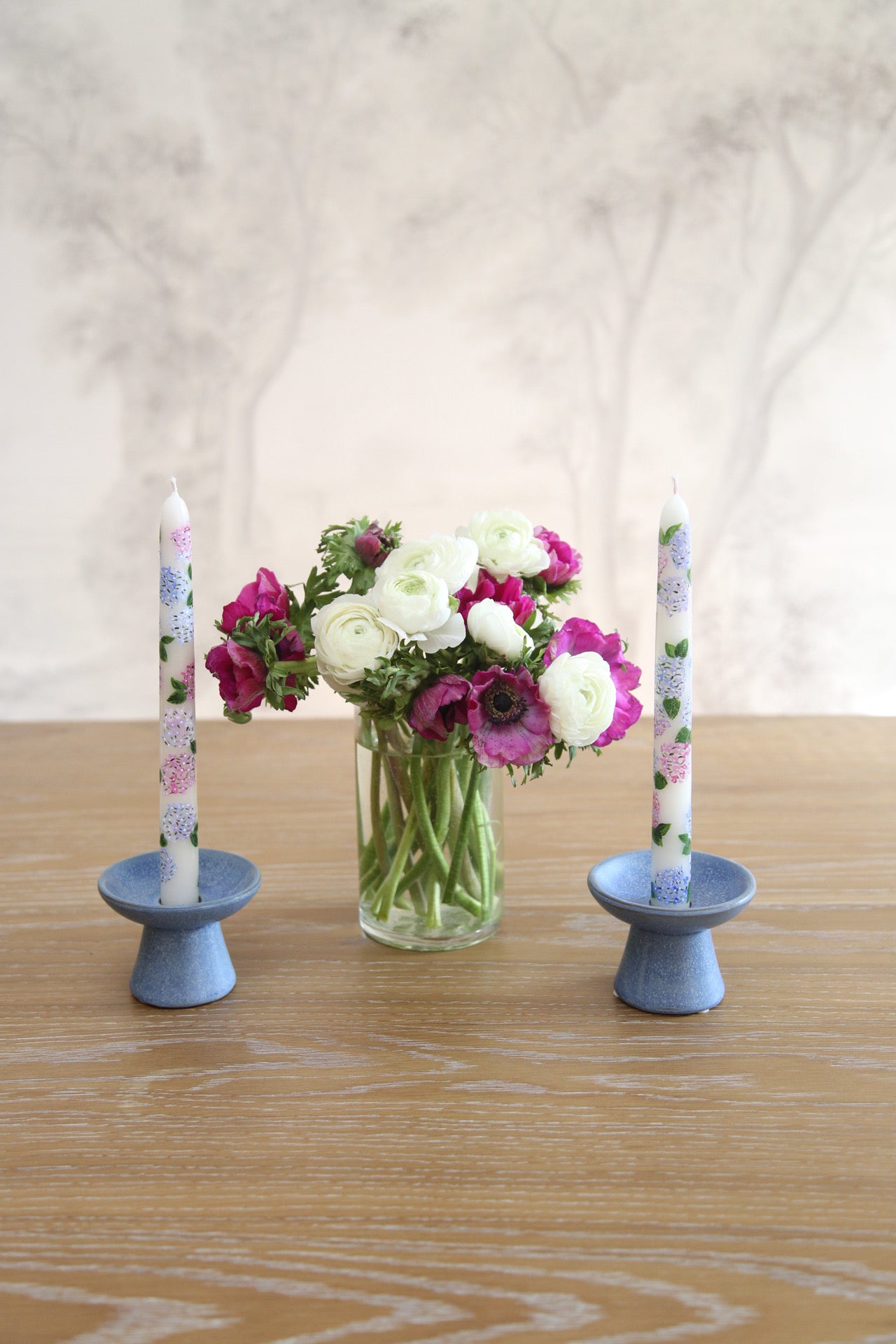 Ivory Summer Hydrangeas Hand-Painted Taper Candles, Set of Two