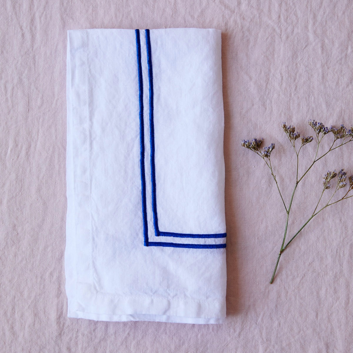 Double Piped Linen Napkins in White, Set of Four