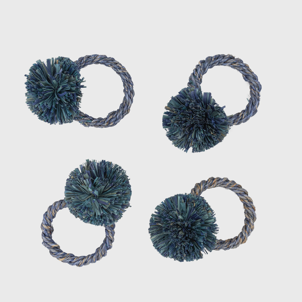 Straw Pompom Napkin Rings in Indigo, Set of Four