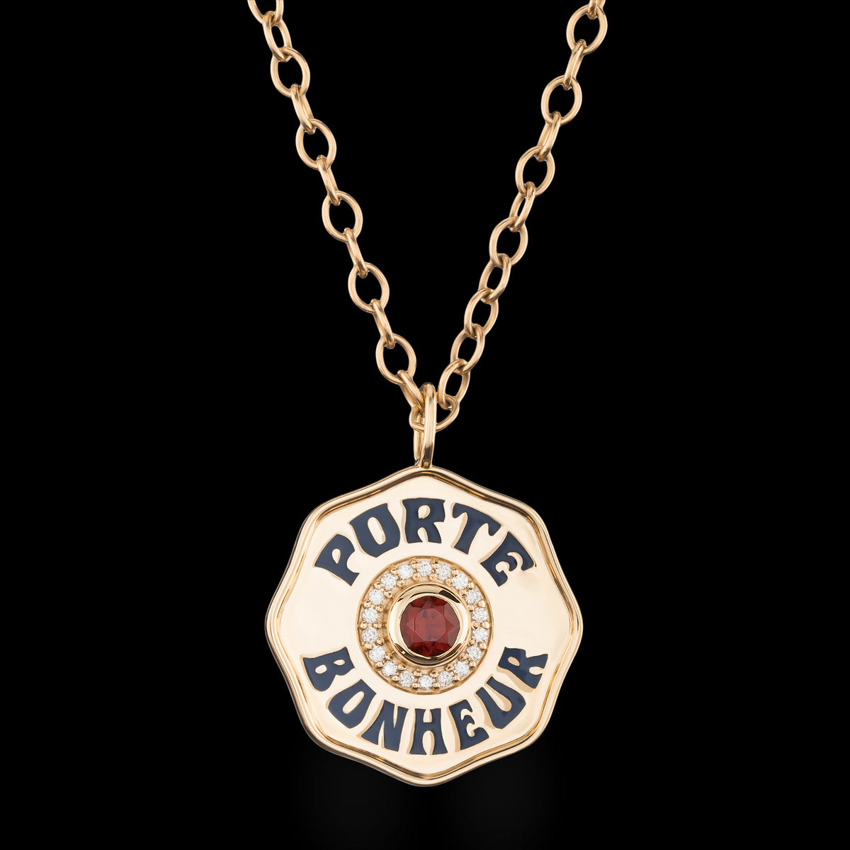 Large Enamel Porte Bonheur Necklace with Diamond Halo