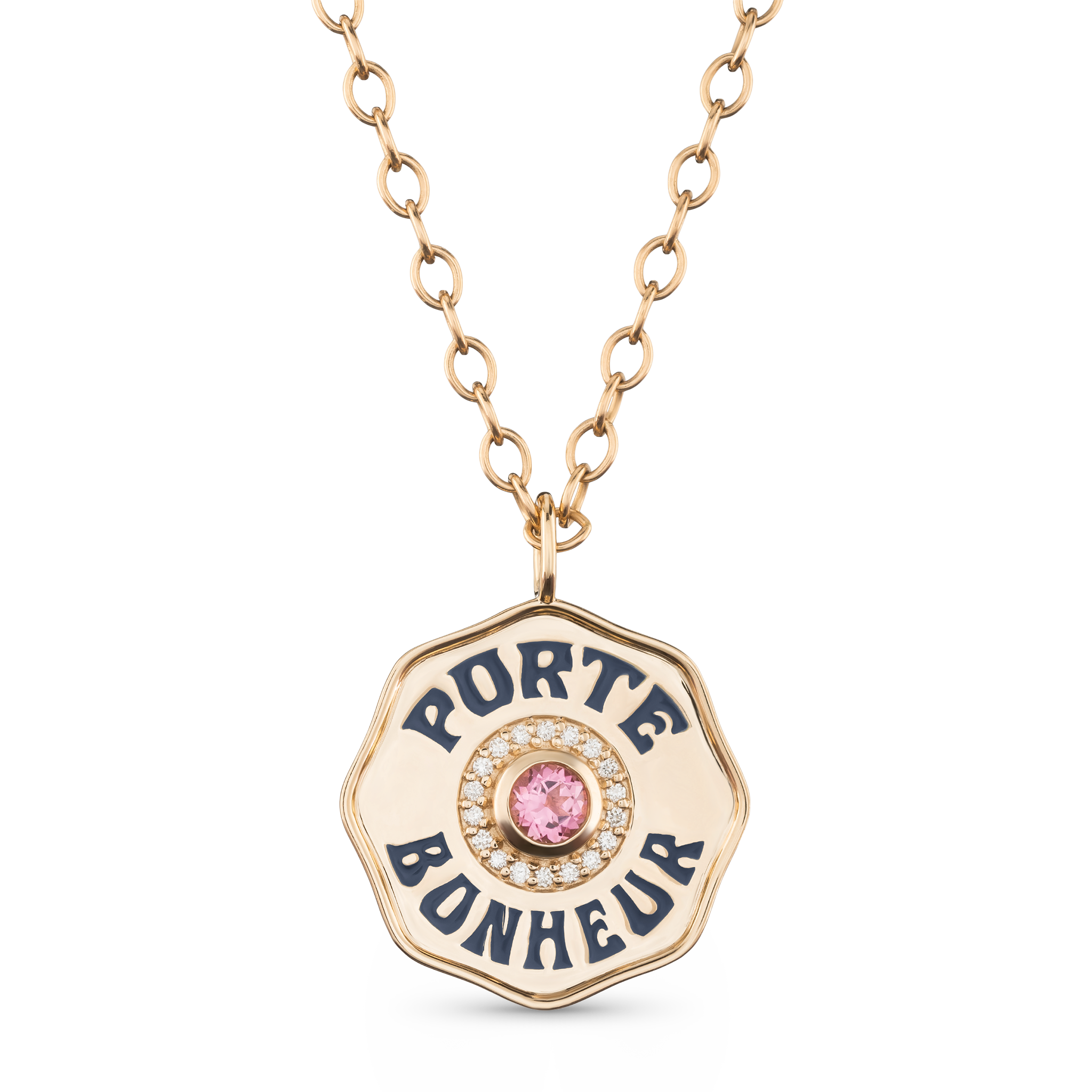 Large Gold Porte Bonheur Coin Necklace with Pink Tourmaline, Diamonds and Navy Enamel