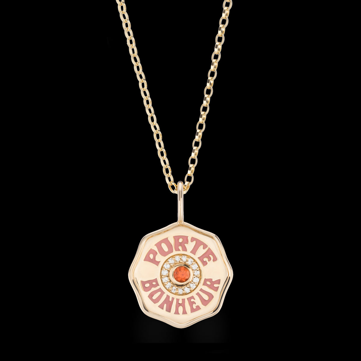 Enamel Porte Bonheur Gold Coin Necklace with Orange Sapphire and Diamonds