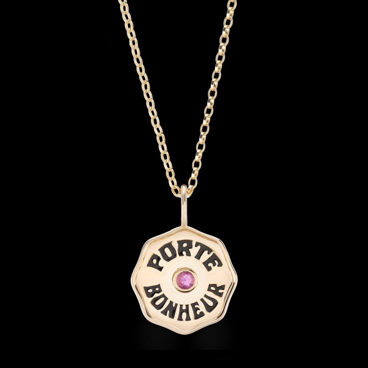 Gold Porte Bonheur Coin Necklace with Pink Sapphire and Black Enamel