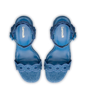 Dolly Broderie Sandal In Blue Stoned Denim