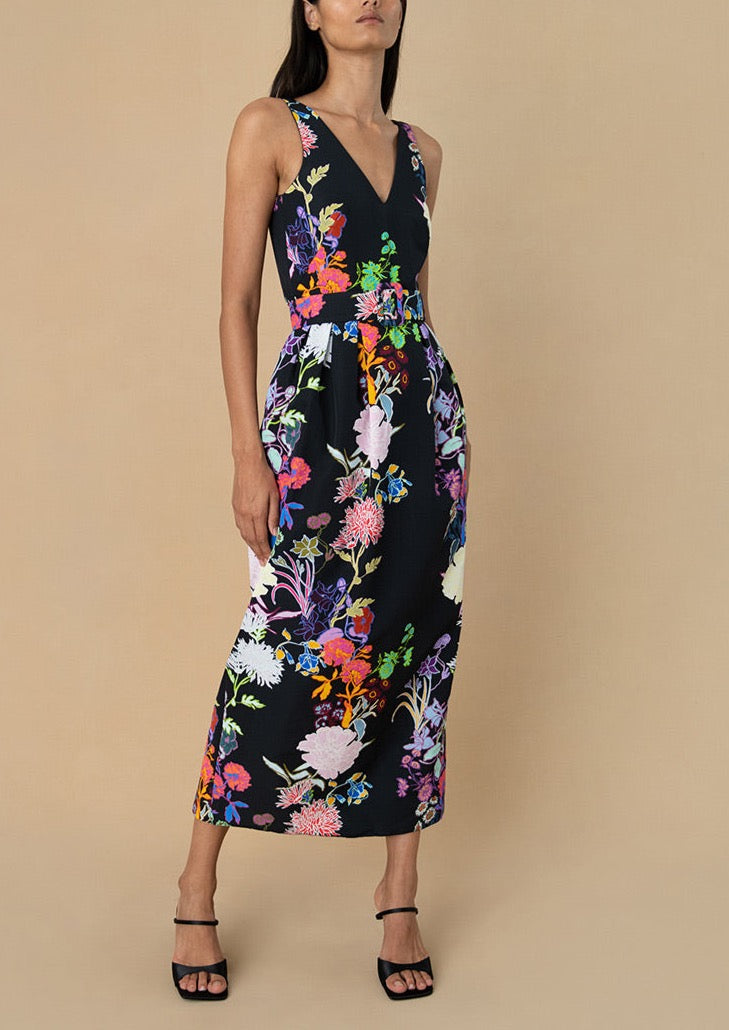 Jules Taffeta Midi Dress in Jardin Black