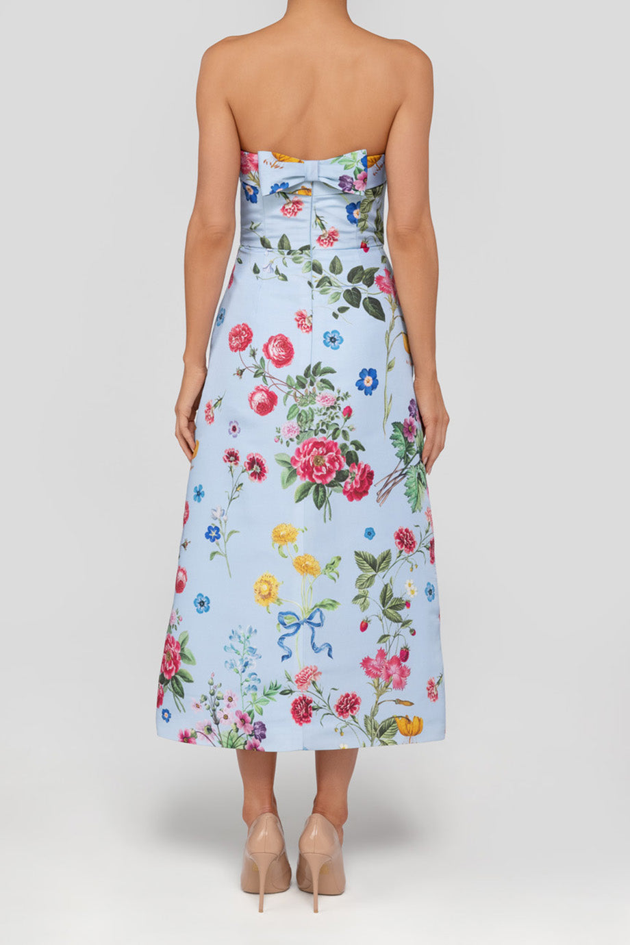 Lucie Sky Floral Silk Faille A-Line Midi Dress