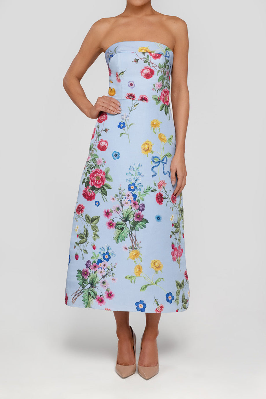 Lucie Sky Floral Silk Faille A-Line Midi Dress