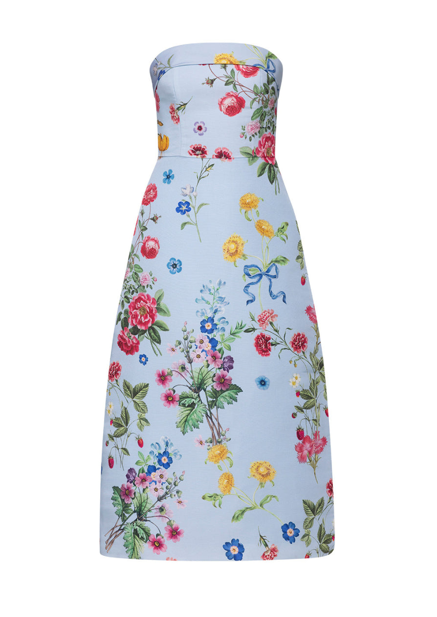 Lucie Sky Floral Silk Faille A-Line Midi Dress