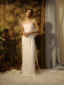 Evora Pearl Beaded Lace Gown with Large Detachable Bow