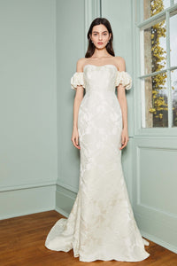 Luisa Off-The-Shoulder White Floral Jacquard Gown With Puff Sleeves