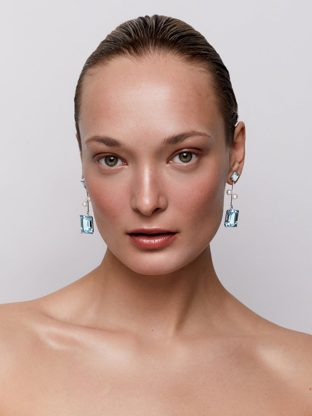 14K Aquamarine, Blue Topaz, and Pearl Statement Earring