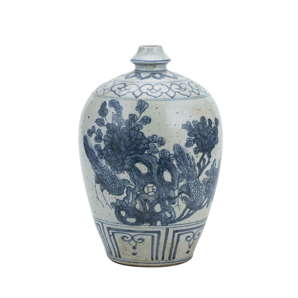 Blue and White Garlic Head Vase with a Flower and Bird Motif