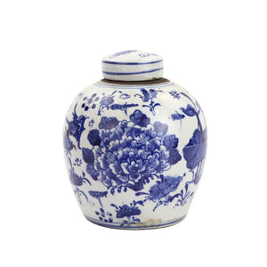 Blue and White Tiny Lid Mini Jar Peony Lotus Motif