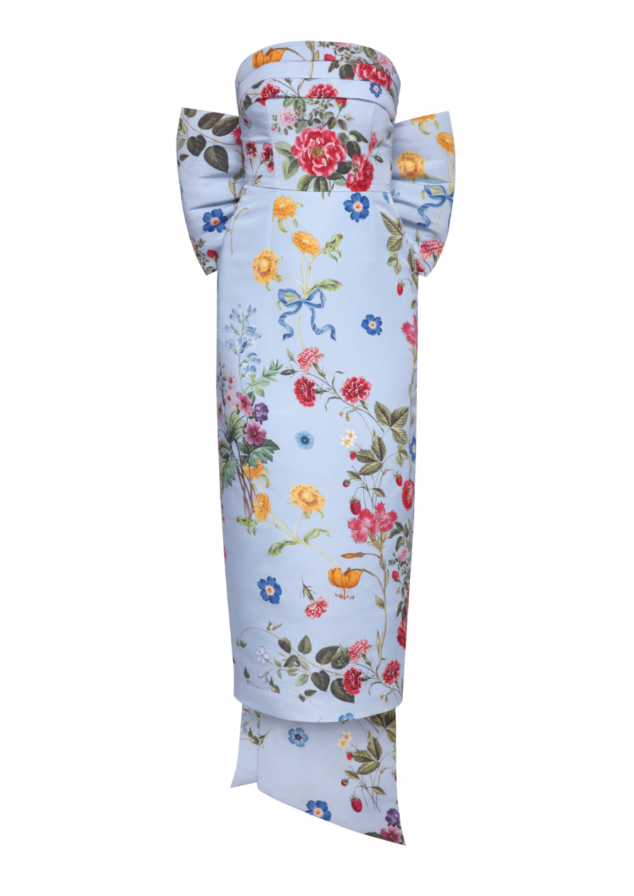 Margaret Sky Floral Silk Faille Midi Dress in Blue