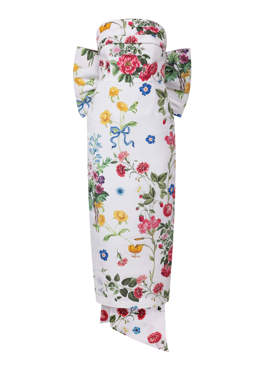 Margaret Sky Floral Silk Faille Midi Dress in White