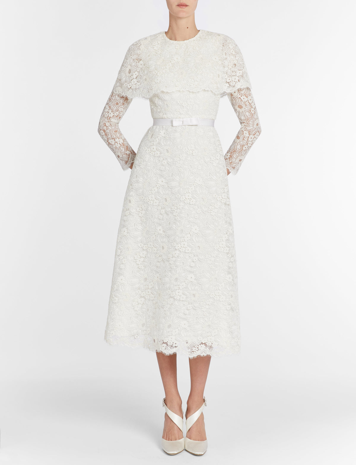 Vera White Lace Capelet Dress with Scalloped Hem