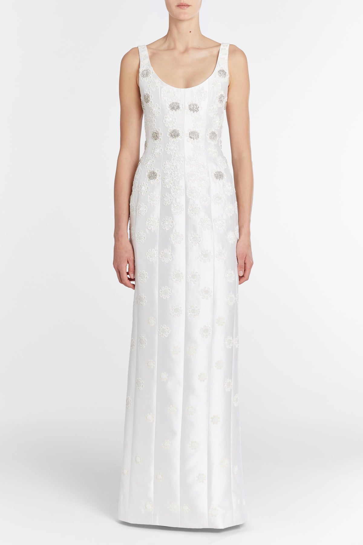 Sylvie White Silk Paneled Column Gown With Daisy Beading