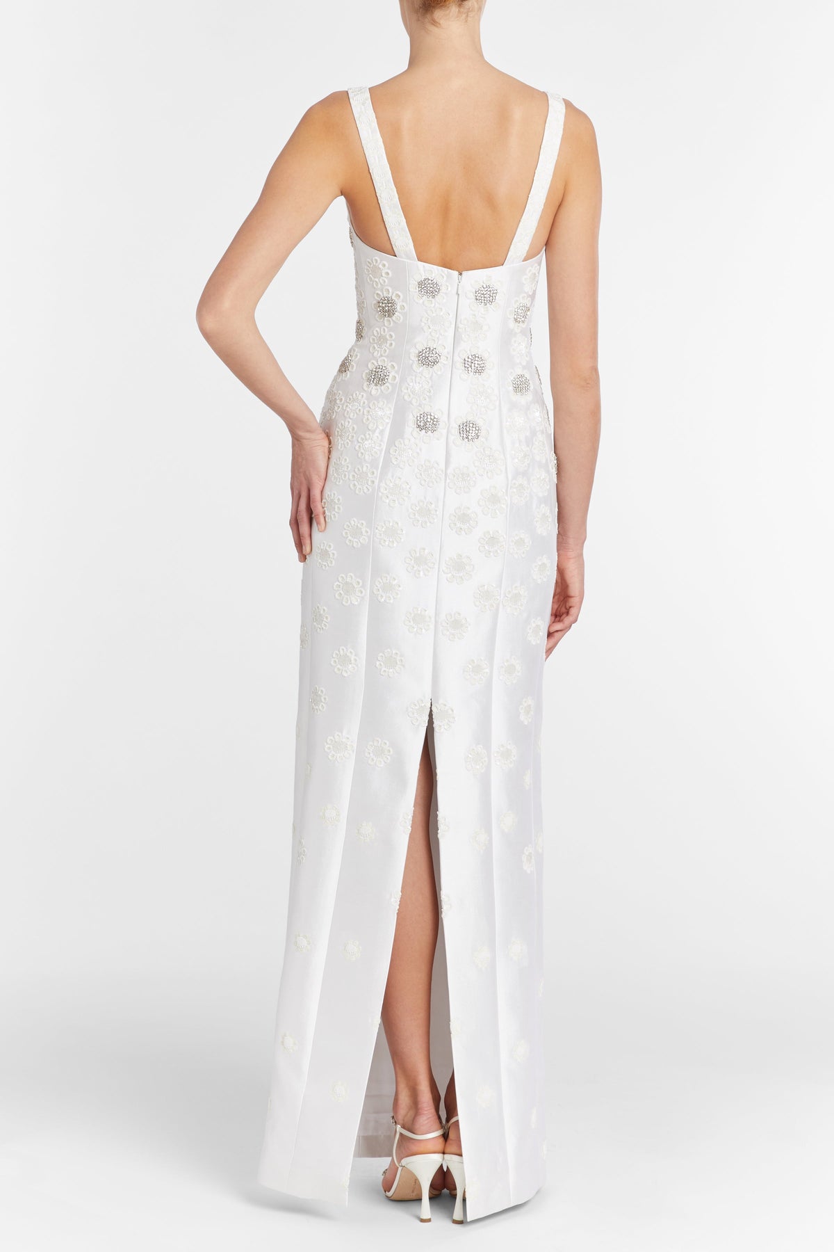 Sylvie White Silk Paneled Column Gown With Daisy Beading