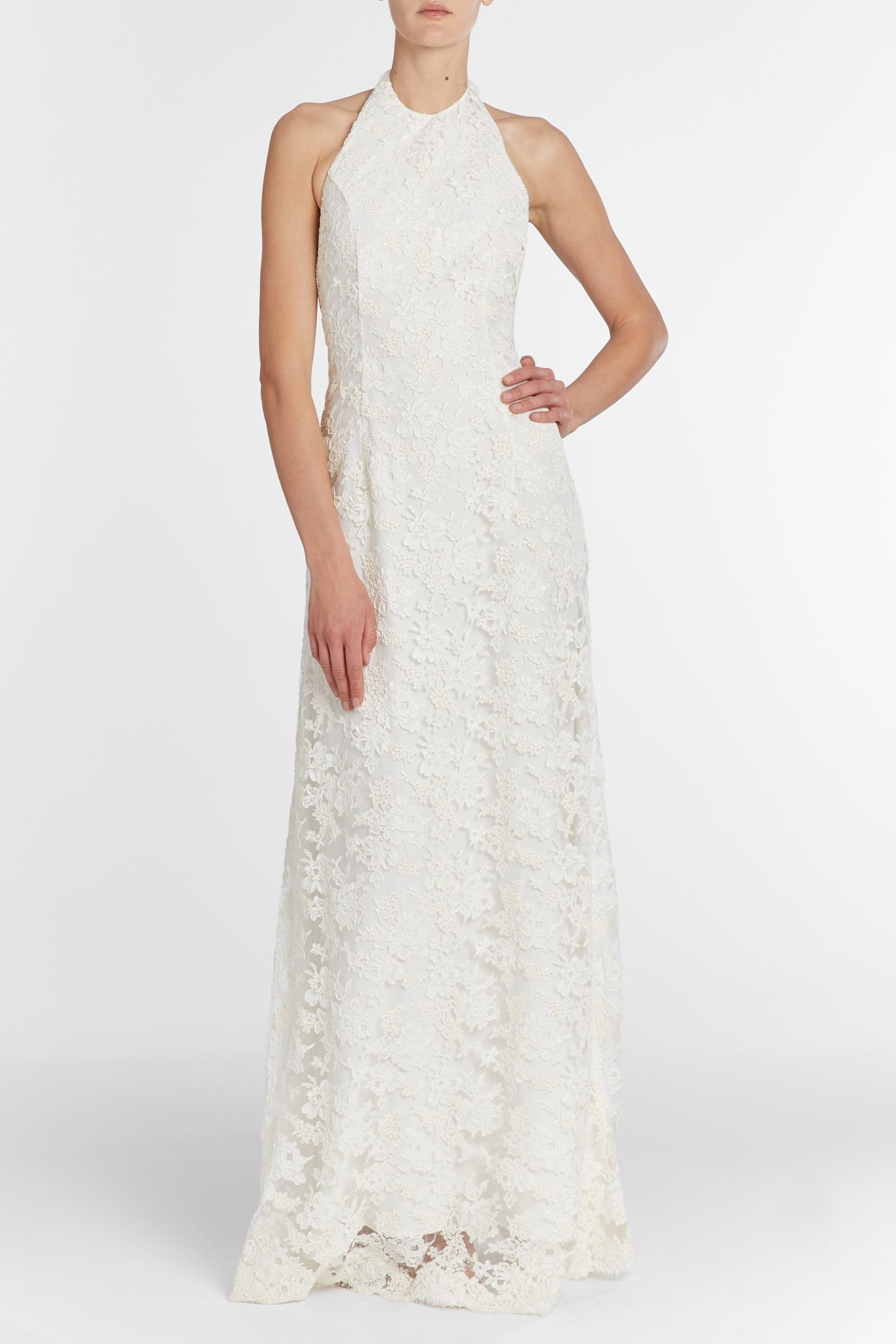 Sophia White Lace Halter Gown