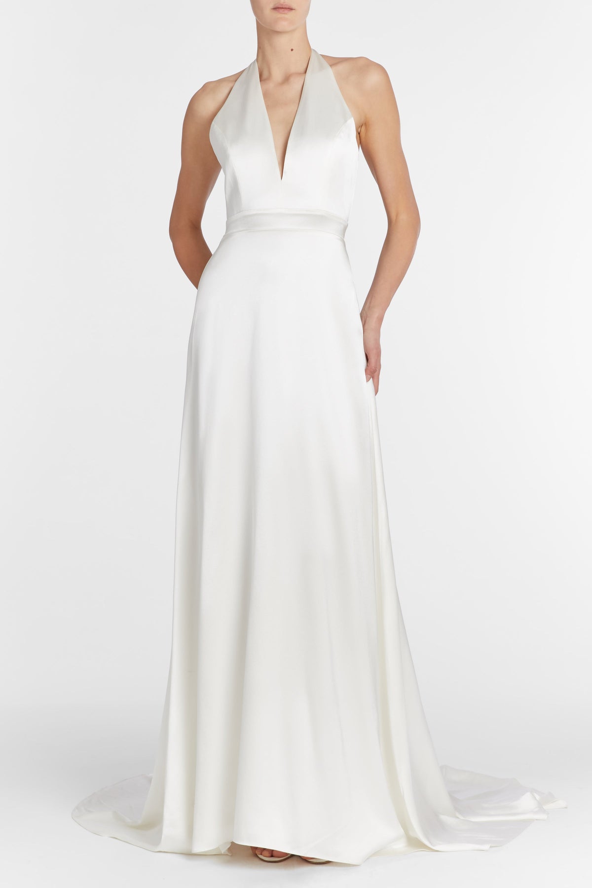 Francoise White Silk V-Neck Halter Gown With Train