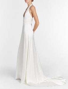 Francoise White Silk V-Neck Halter Gown With Train