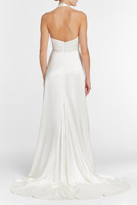 Francoise White Silk V-Neck Halter Gown With Train