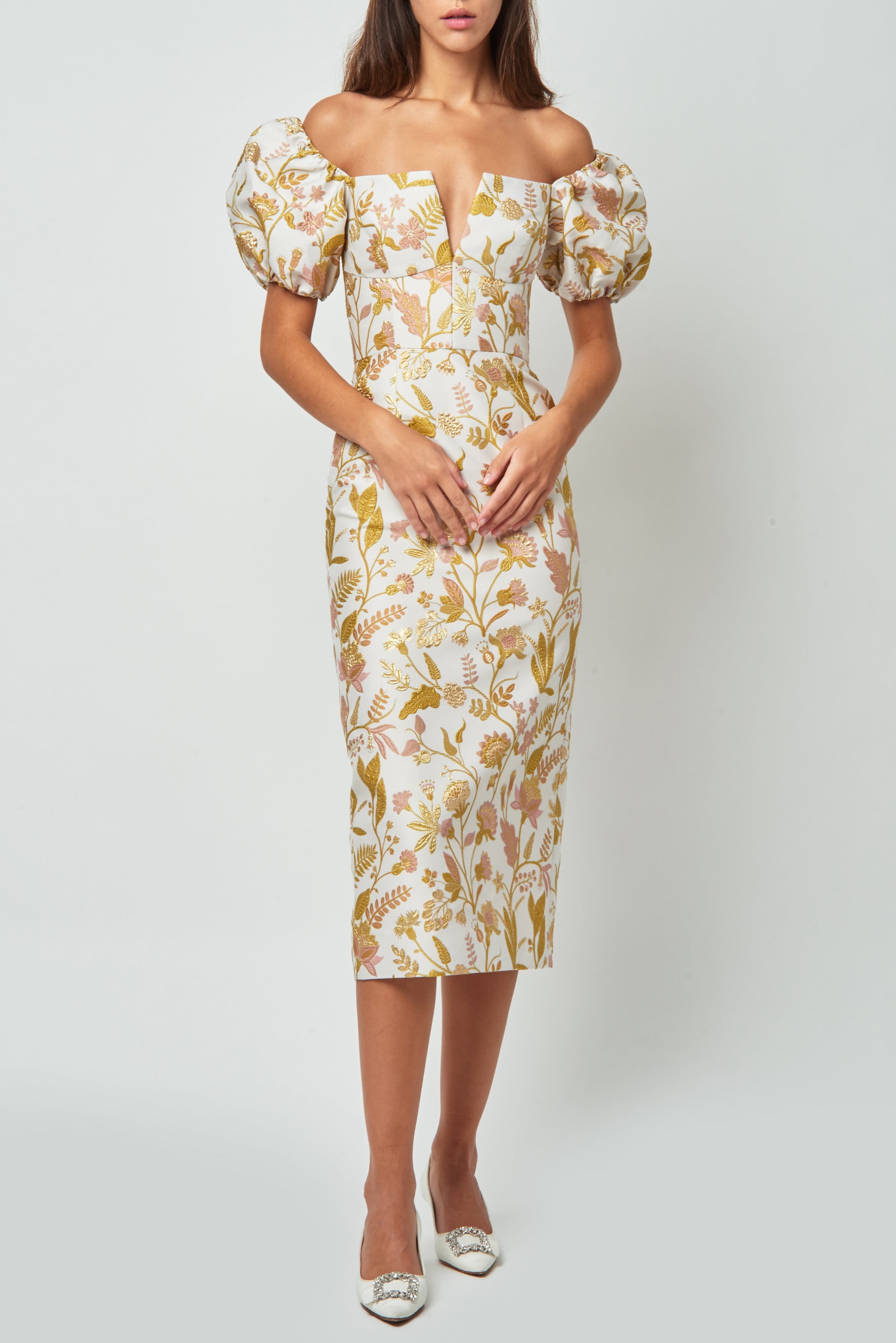 Yvette Floral Brocade Off-The-Shoulder Midi Dress