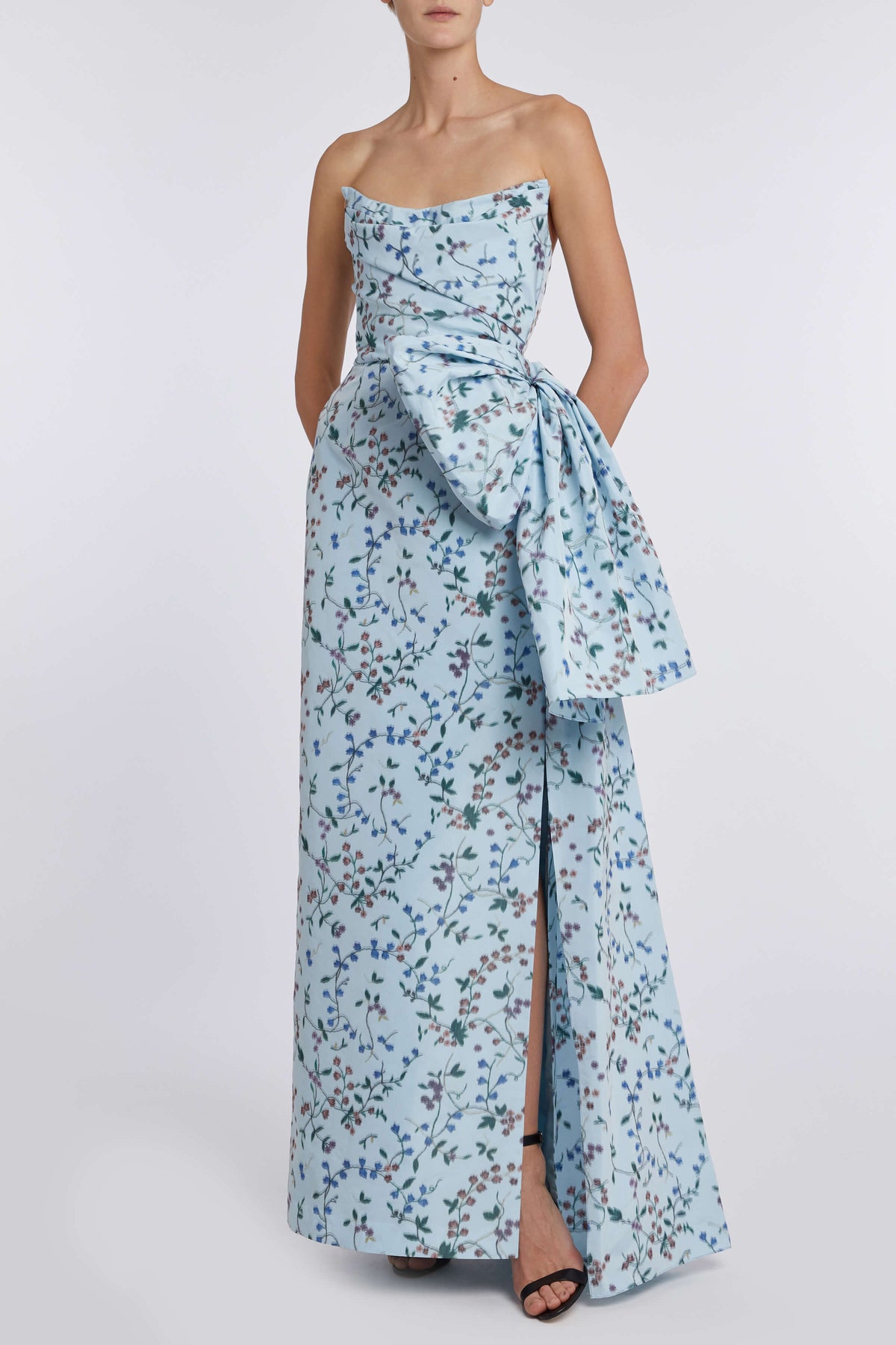 Athena Blue Vine Ikat Strapless Draped Bodice Gown