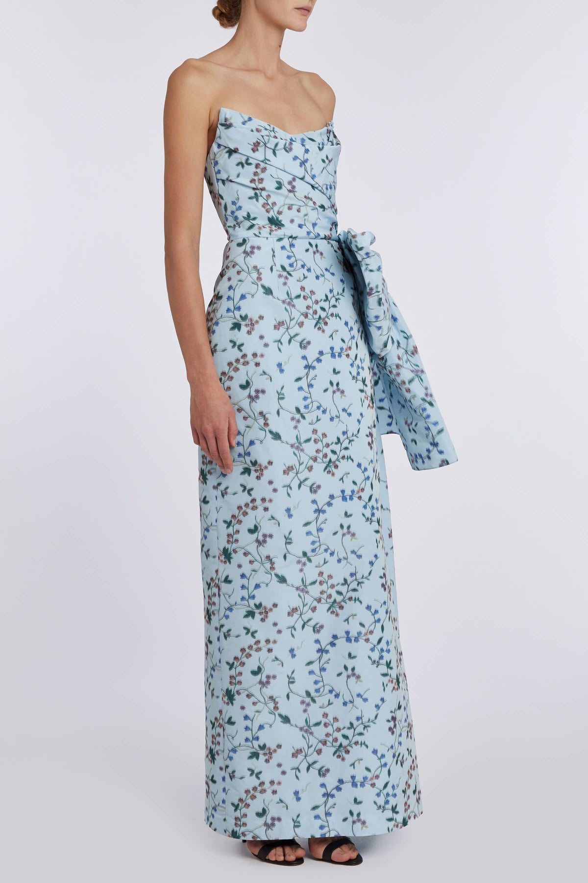 Athena Blue Vine Ikat Strapless Draped Bodice Gown