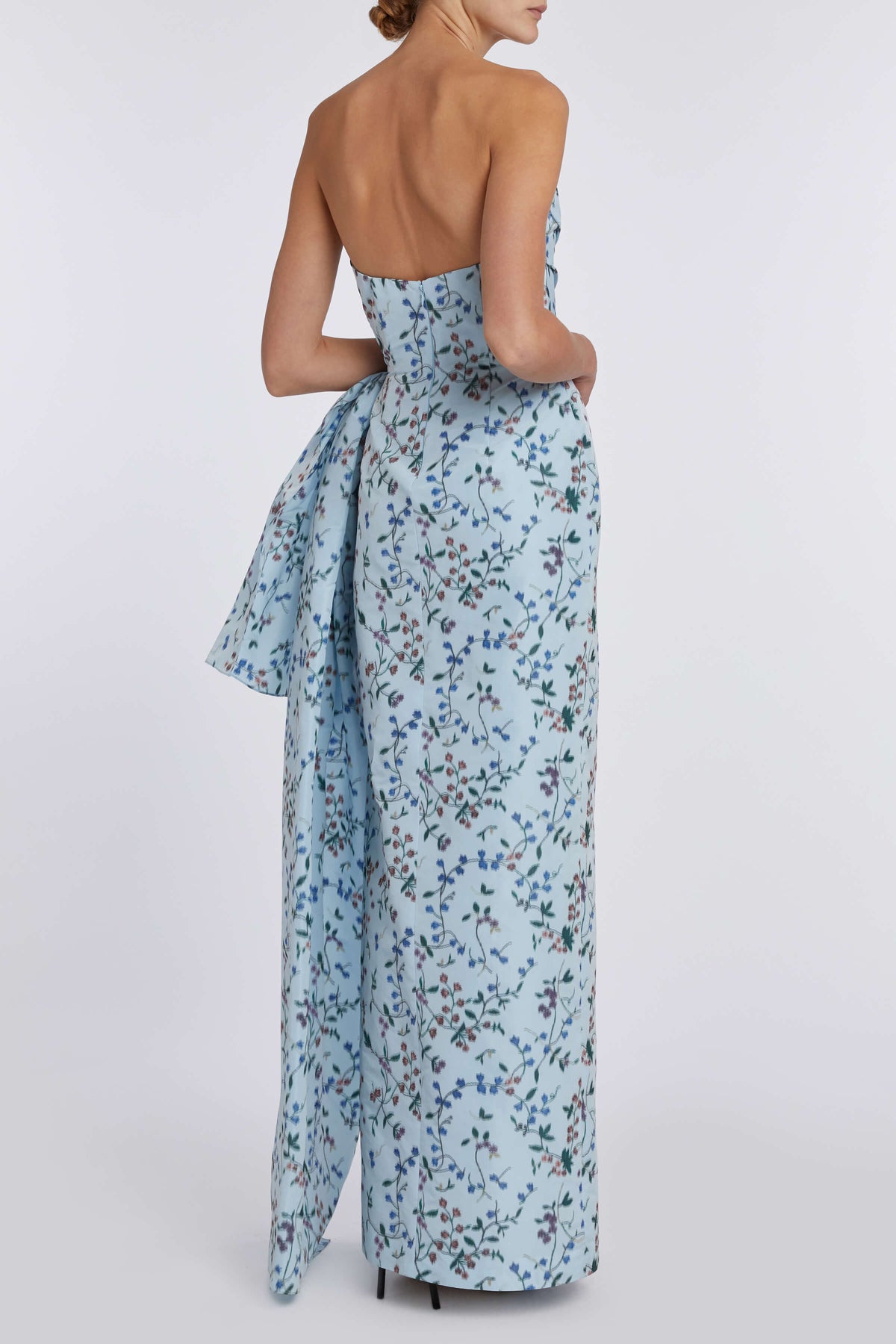 Athena Blue Vine Ikat Strapless Draped Bodice Gown