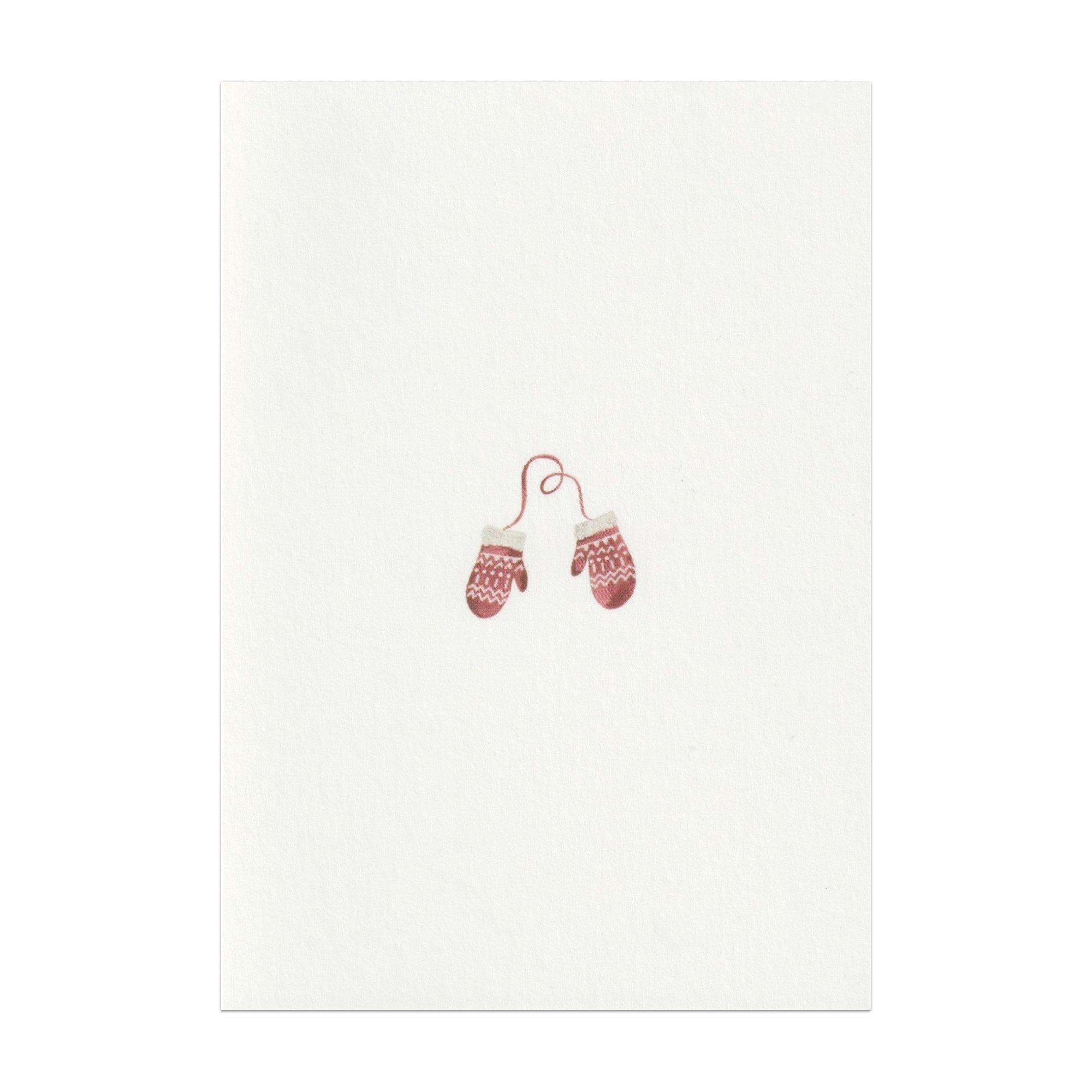 Luxury Christmas Card by Memo Press with a watercolour illustration of a pair of red and white mittens and comes with an oat envelope made in Britain