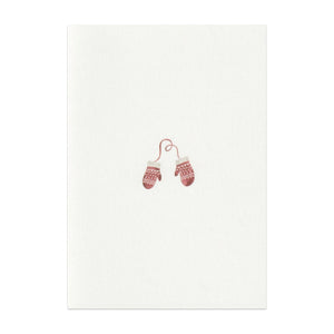 Luxury Christmas Card by Memo Press with a watercolour illustration of a pair of red and white mittens and comes with an oat envelope made in Britain