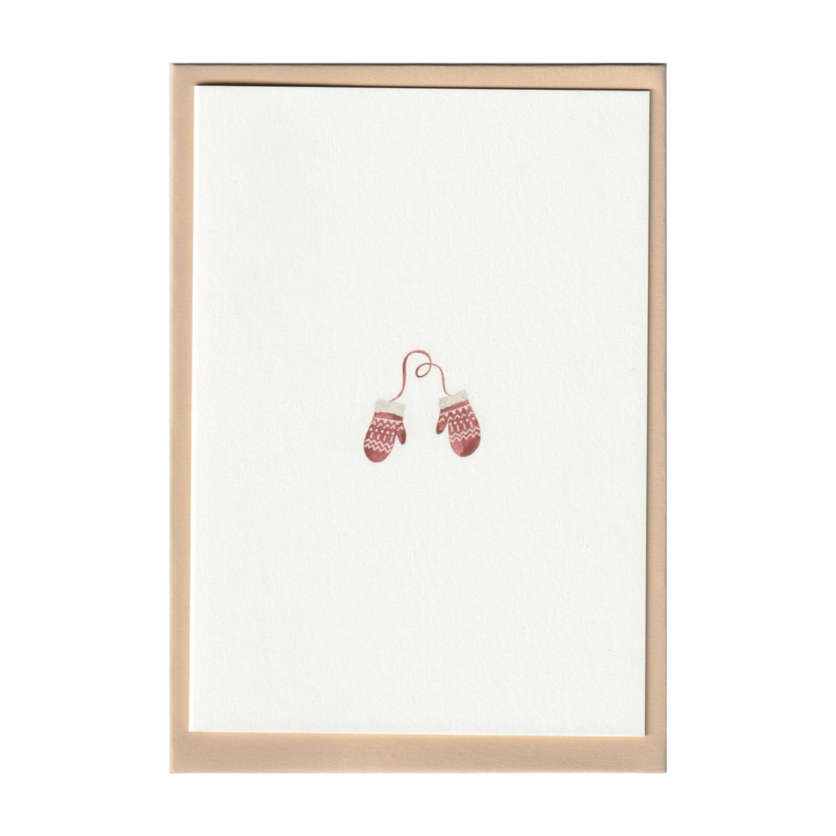 Luxury Christmas Card by Memo Press with a watercolour illustration of a pair of red and white mittens and comes with an oat envelope made in Britain