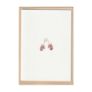 Luxury Christmas Card by Memo Press with a watercolour illustration of a pair of red and white mittens and comes with an oat envelope made in Britain