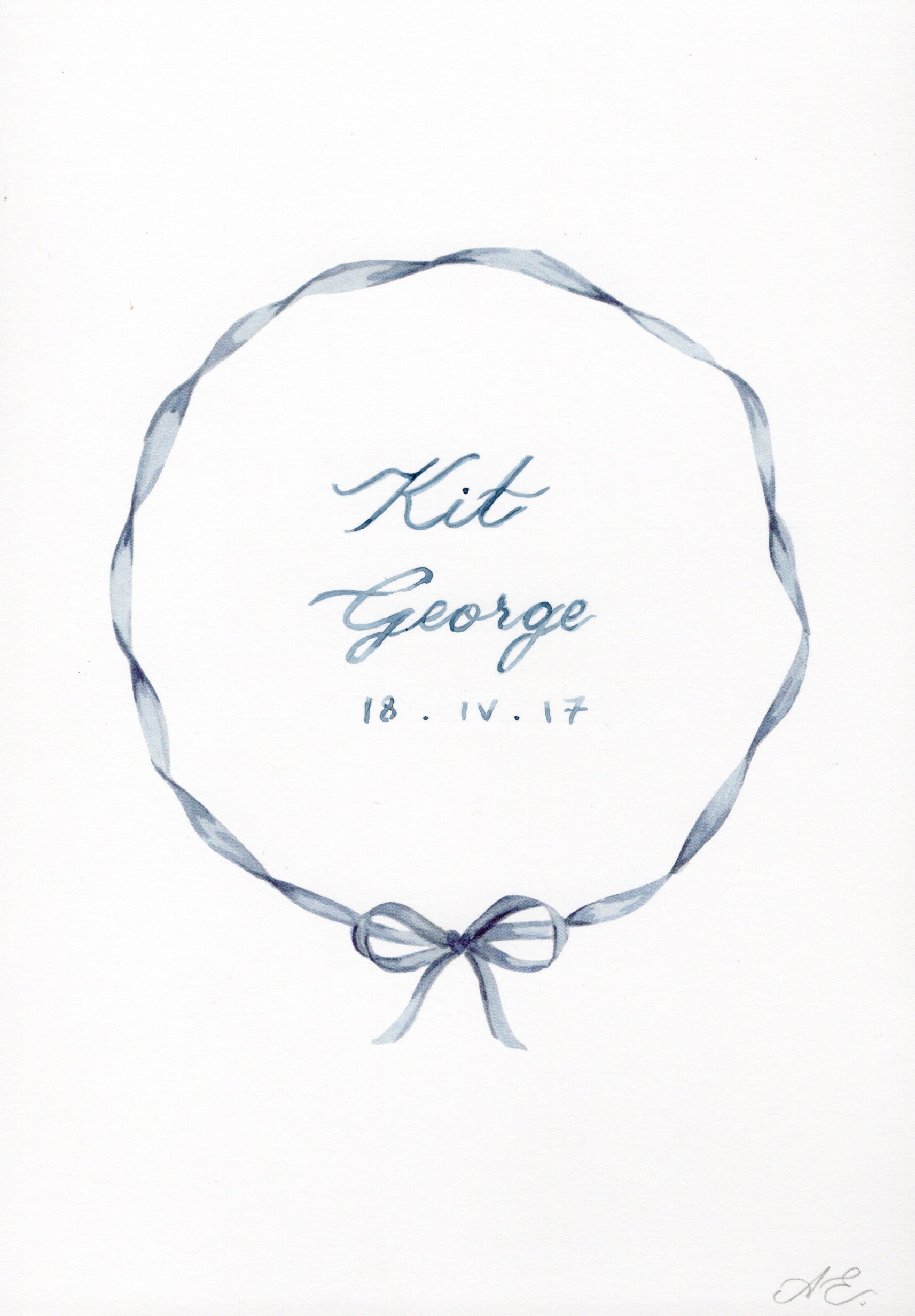 memo press art print of a ribbon wreath and personalised with a baby name and date of birth, the perfect present 