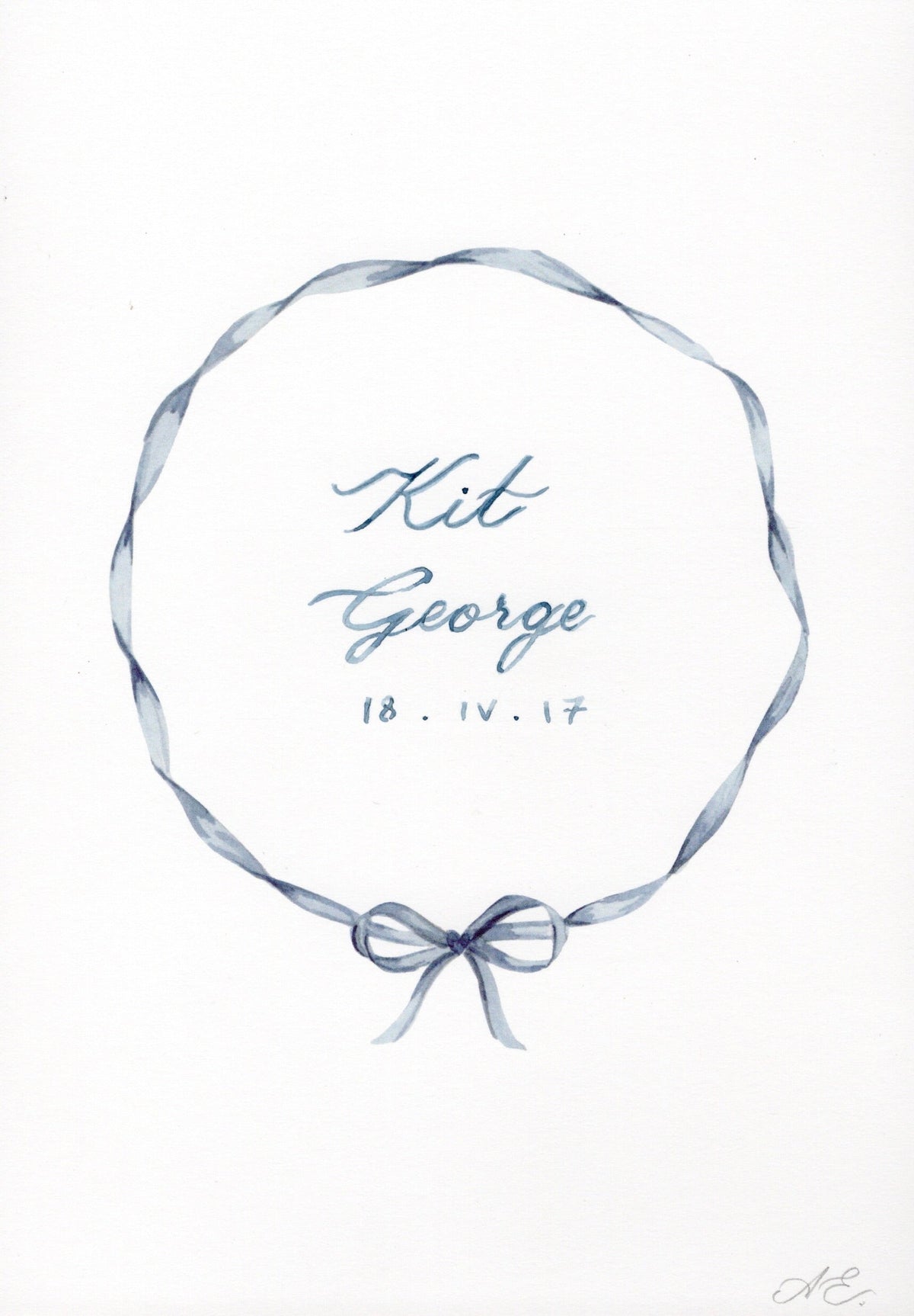 memo press art print of a ribbon wreath and personalised with a baby name and date of birth, the perfect present 