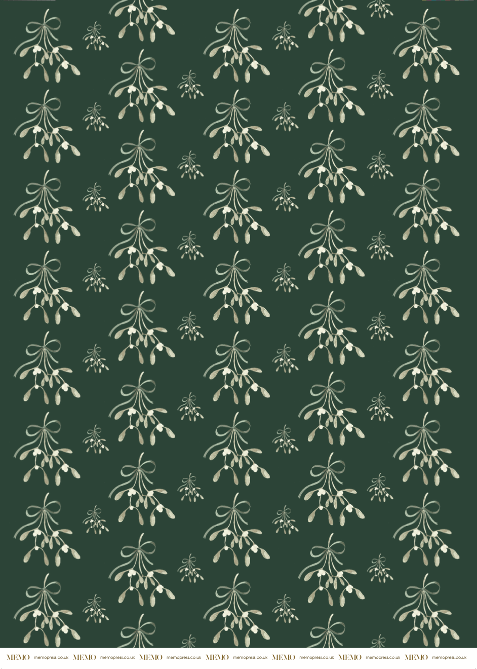 Luxury Wrapping Paper for Christmas with watercolour illustrations of mistletoes tied with a velvet ribbon on green paper by Memo Press