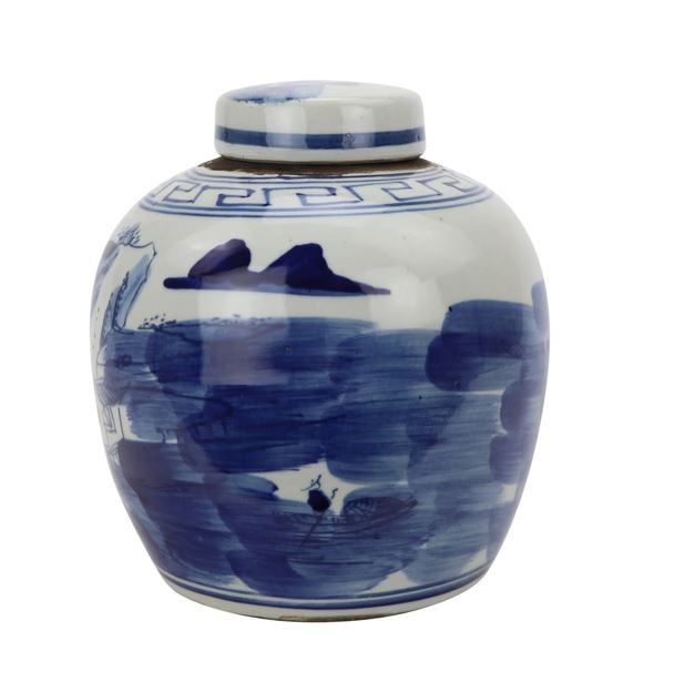 Blue and White Mini Jar with a Mountain and Tree