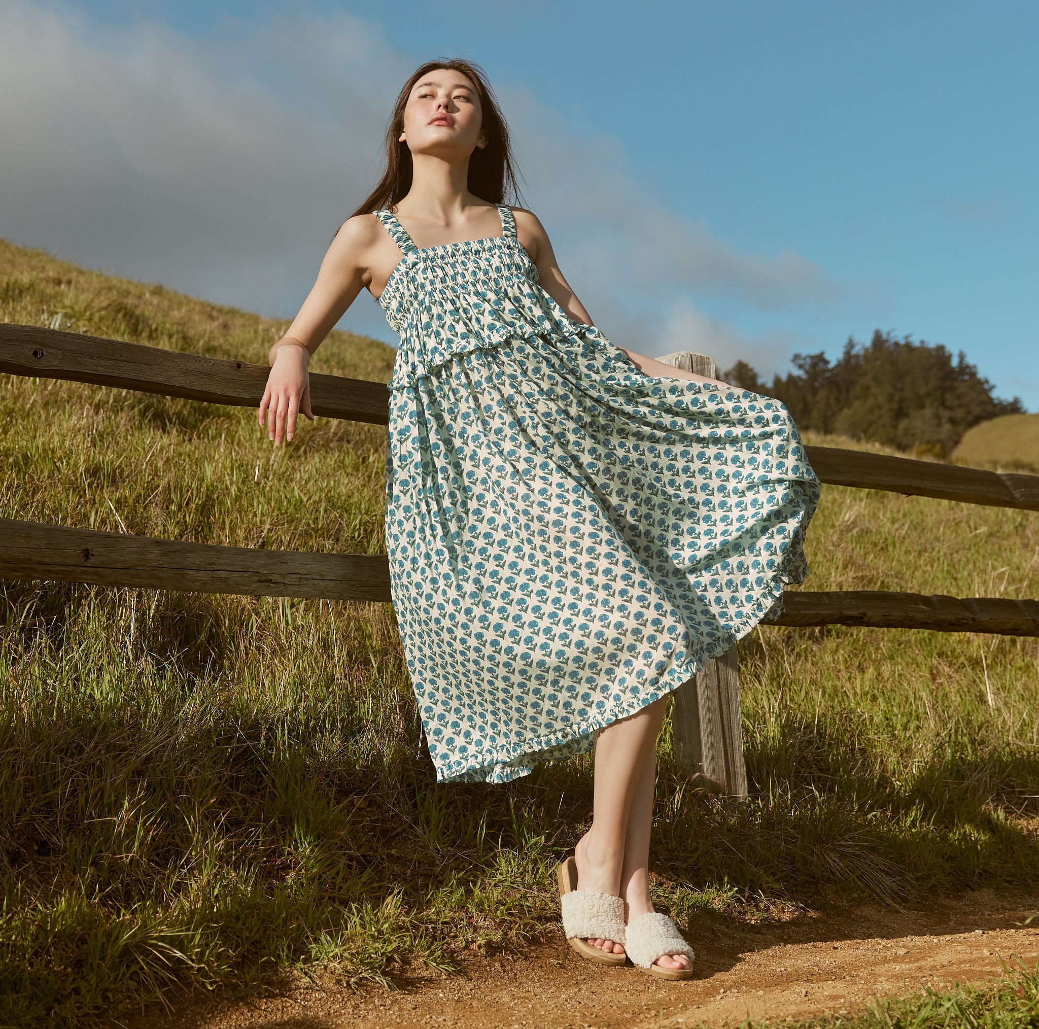 Gwen Ruffled Midi Nightgown in Ivory Blue Bell Floral