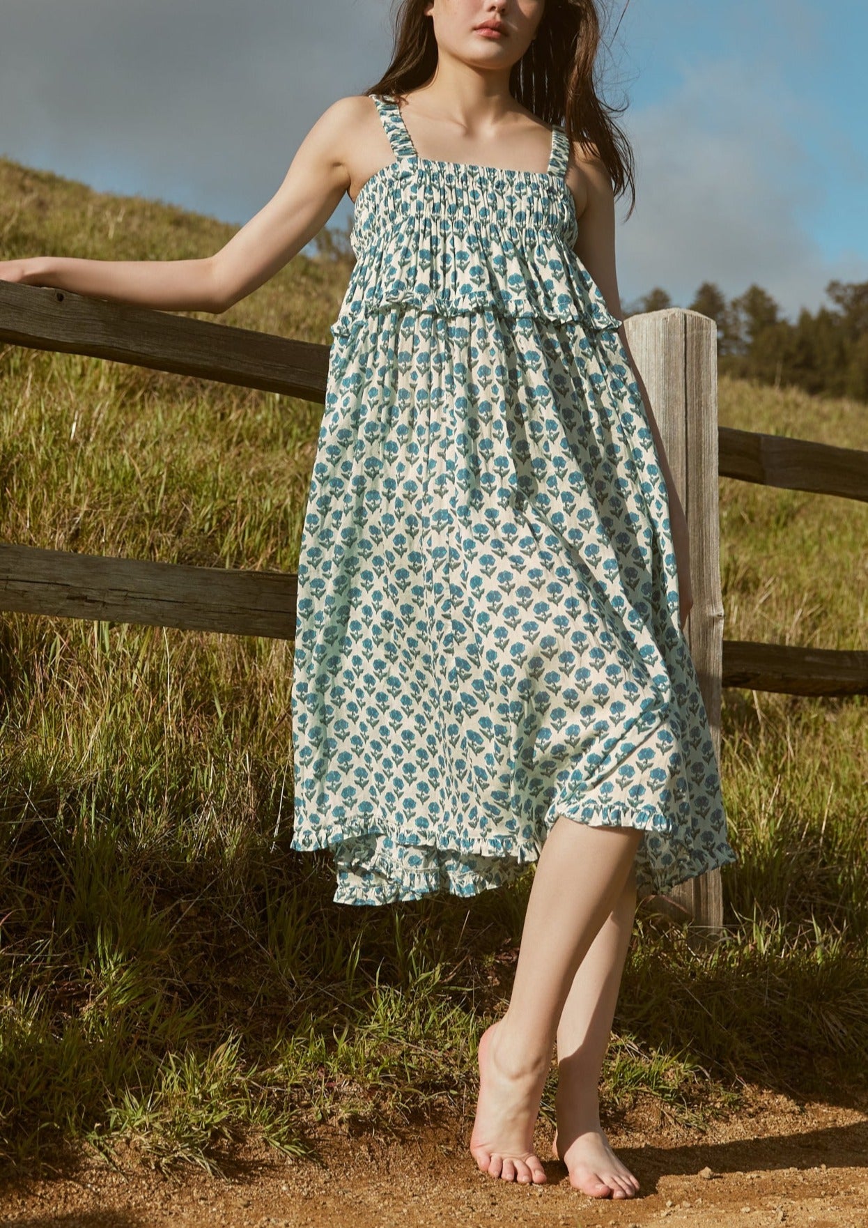 Gwen Ruffled Midi Nightgown in Ivory Blue Bell Floral