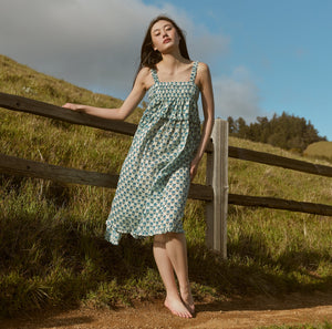 Gwen Ruffled Midi Nightgown in Ivory Blue Bell Floral