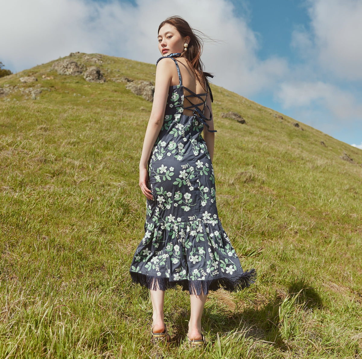 Desirae Embroidered Fringe Midi Dress in Dark Blueberry Ivory Ditsy Floral