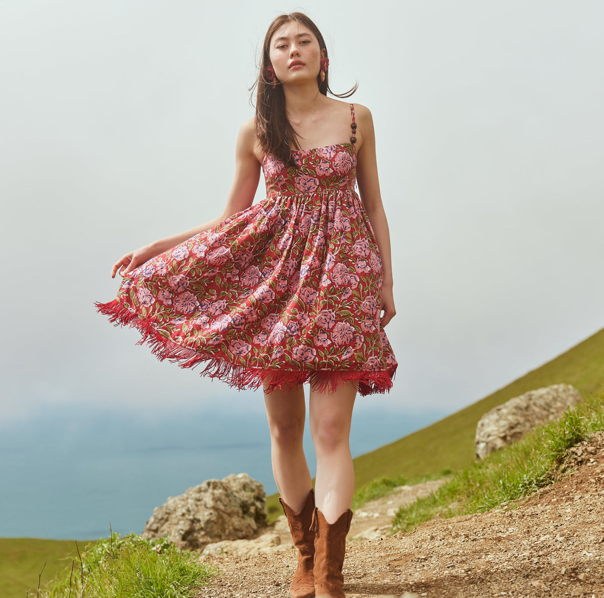 Gavin Fringe Mini Dress in Imperial Red & Blush Floral