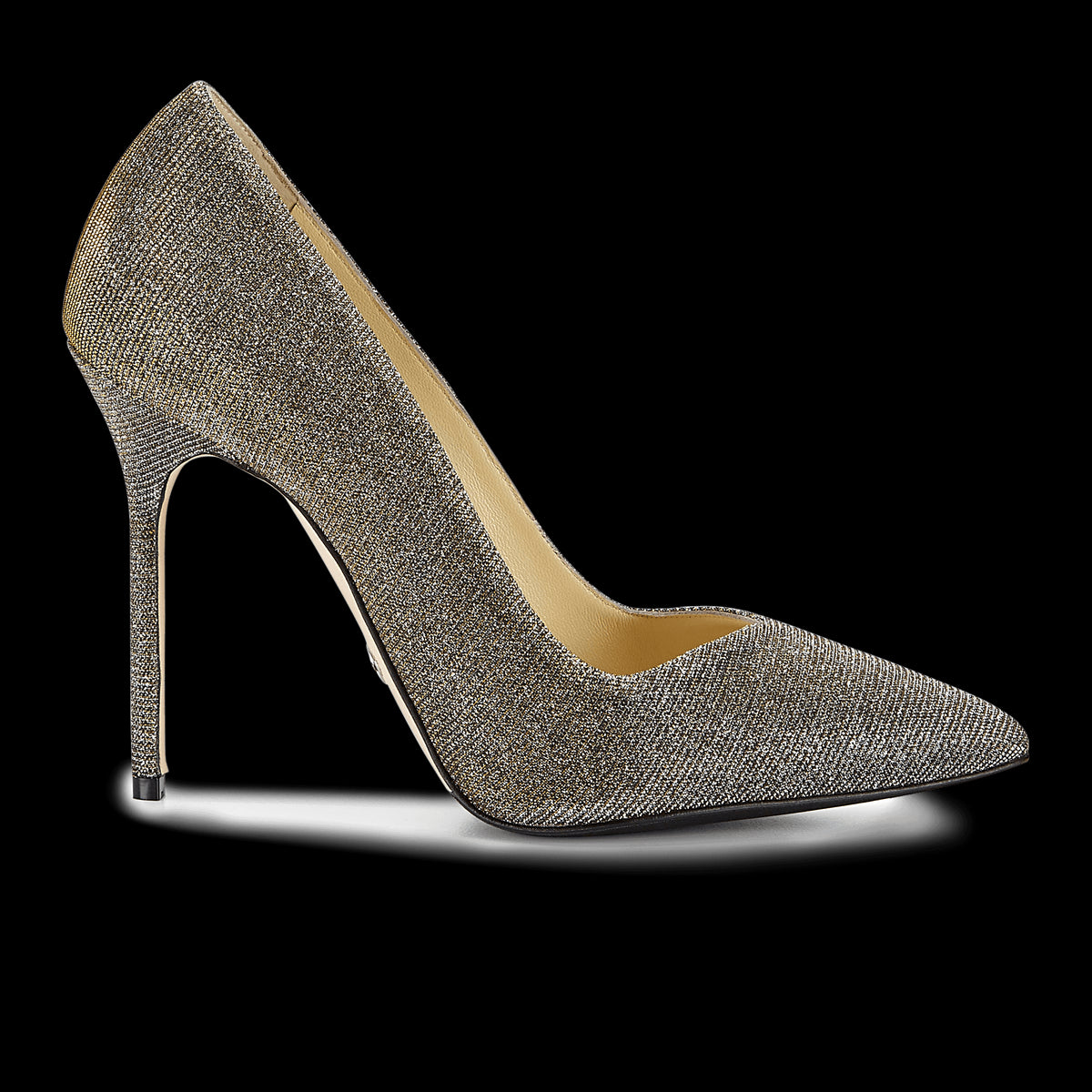 100m Italian Made Pointed Toe Pump in Gunmetal Lame Fabric