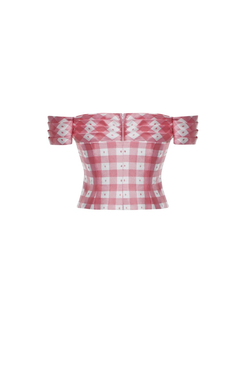 Casey Silk Gingham Off-Shoulder Crop Top